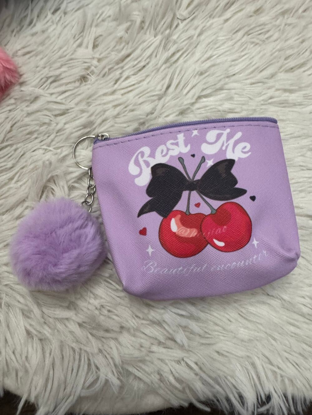 Purple cherry coin purse Pompom keychain with black bow and 'Best Me' text